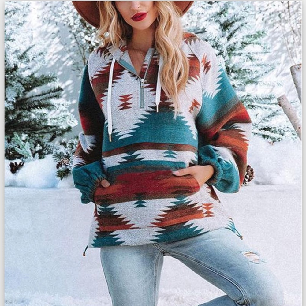 Aztec Patterned Hooded Sweater